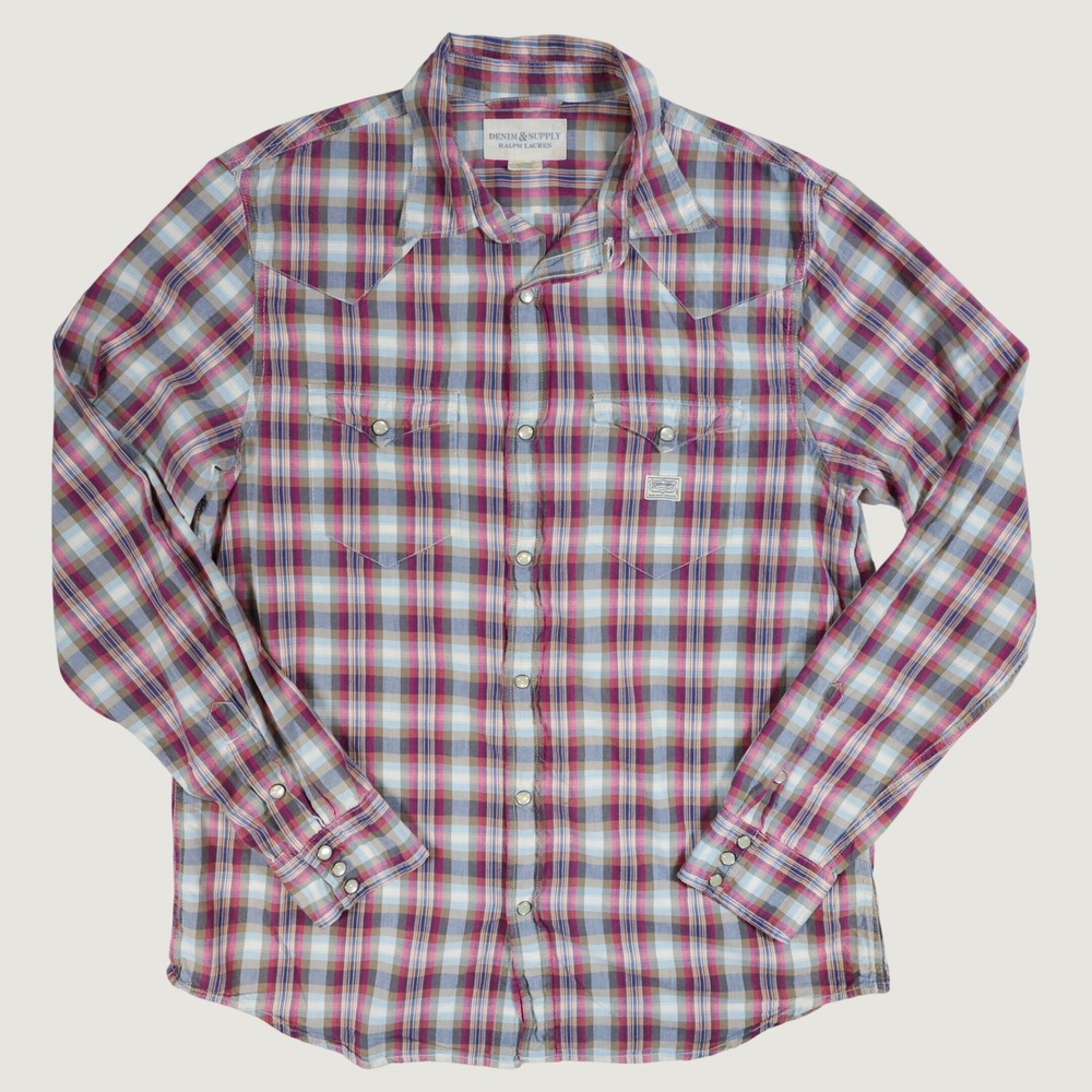 Denim & Supply‎ Ralph Lauren Western Shirt Mens Large Plaid Pearl Snap Red Blue